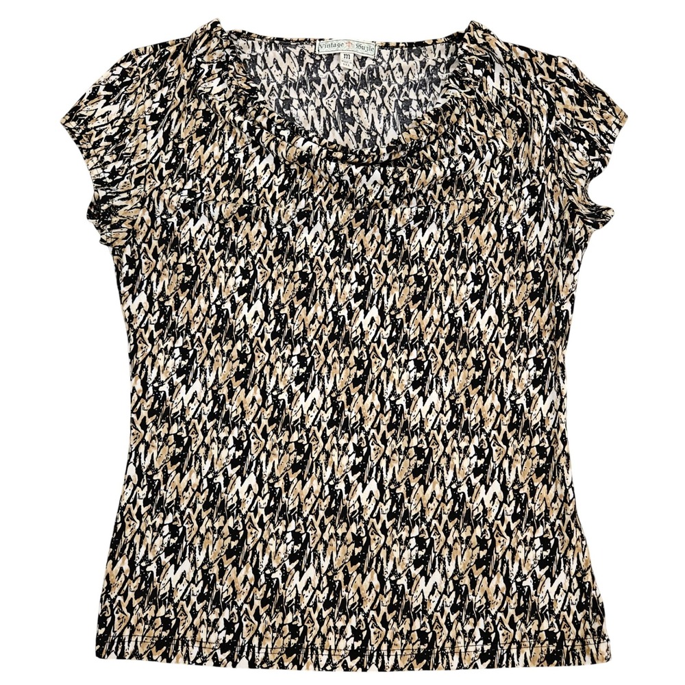 Vintage Suzie Women Medium Tan Black Abstract Geometric Cowl Neck Cap Sleeve Top